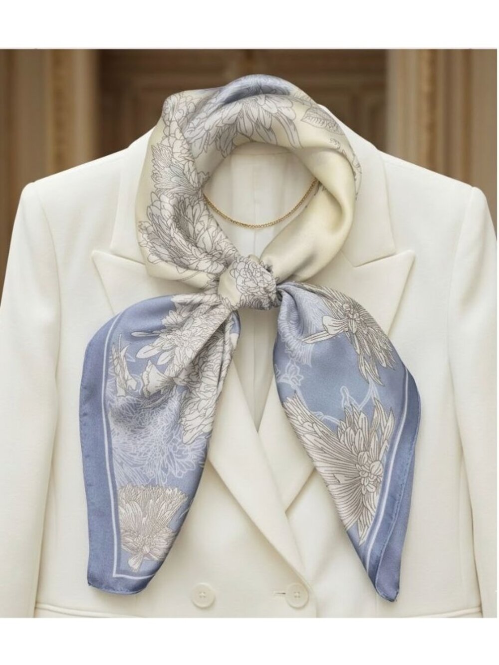 ✨Elegant Silky Scarf Blue Beige Floral Leaf Botanical Square Vintage Print Wrap✨